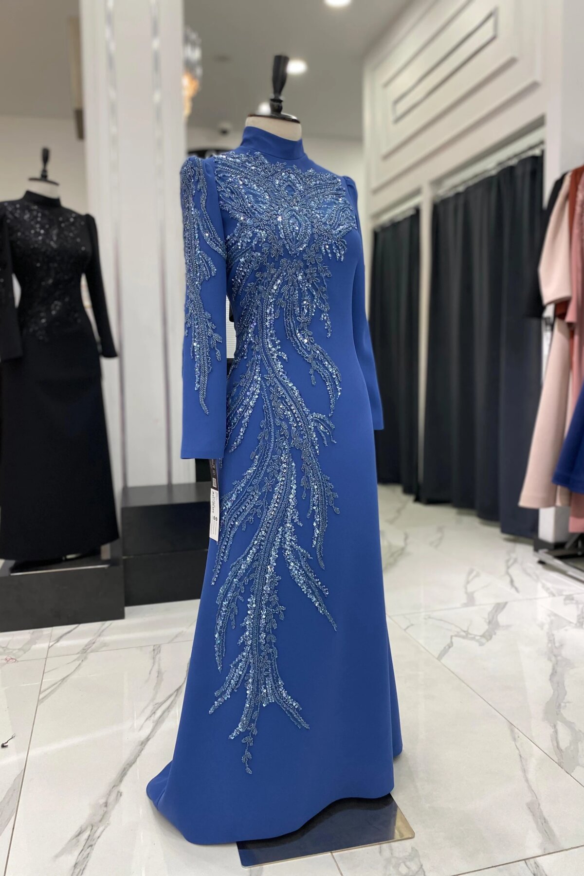 Stone-Embroidered Sequin Modest Evening Dress - Indigo - MK Moda Tasarım