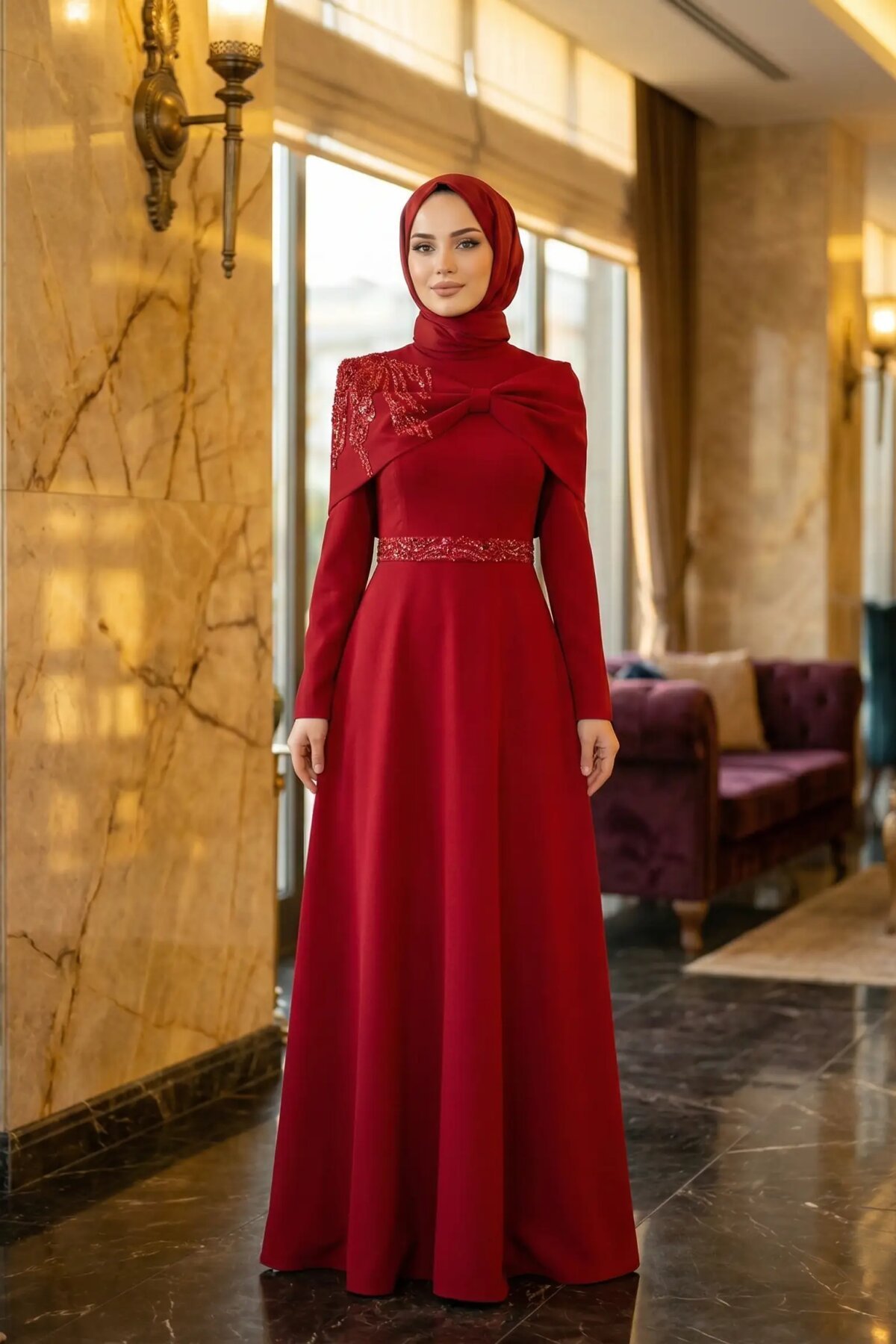 فستان سهرة محتشم أحمر بكاب وتطريز أحجار - MK Moda Tasarım