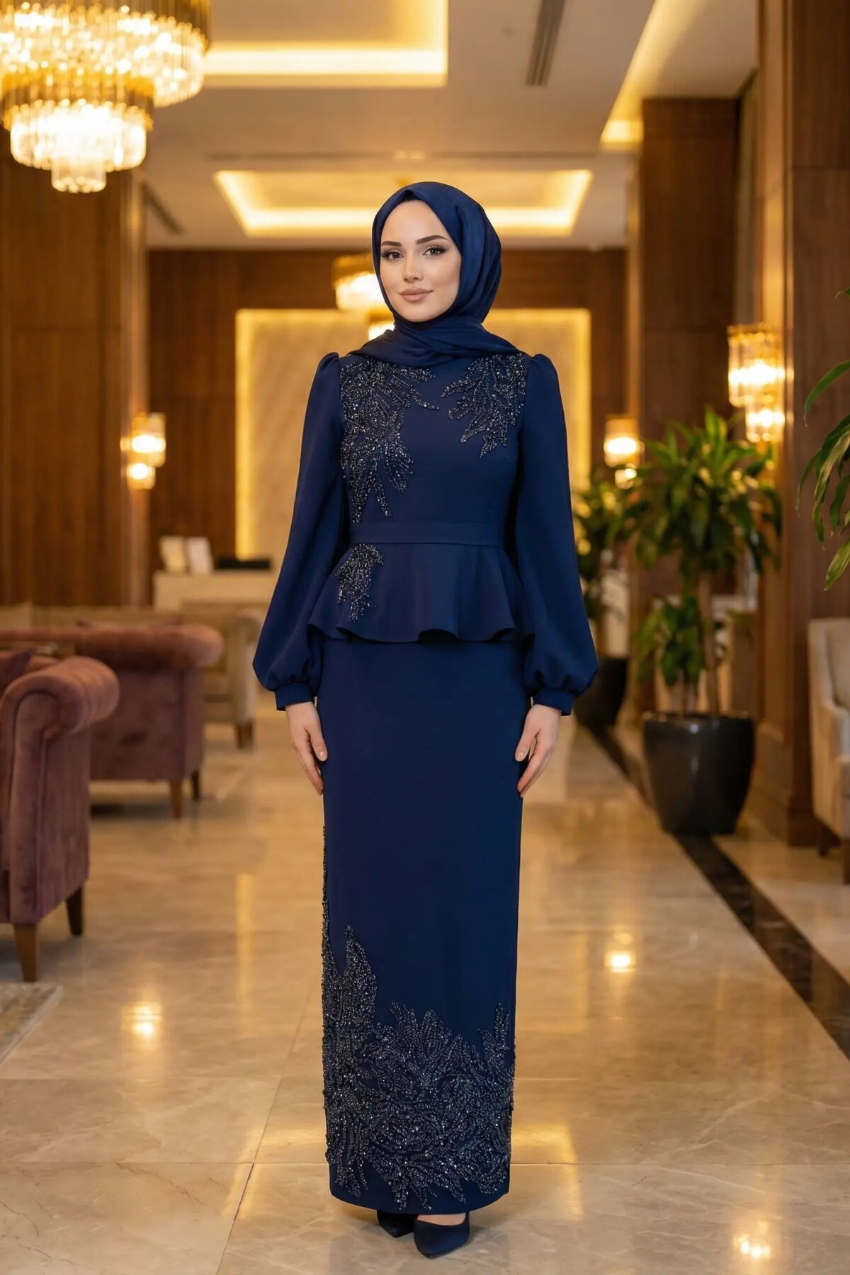 Lacivert Beli Peplum Taş İşlemeli Abiye Elbise - MK Moda Tasarım