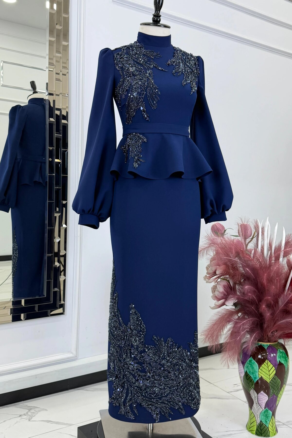 Lacivert Beli Peplum Taş İşlemeli Abiye Elbise - MK Moda Tasarım