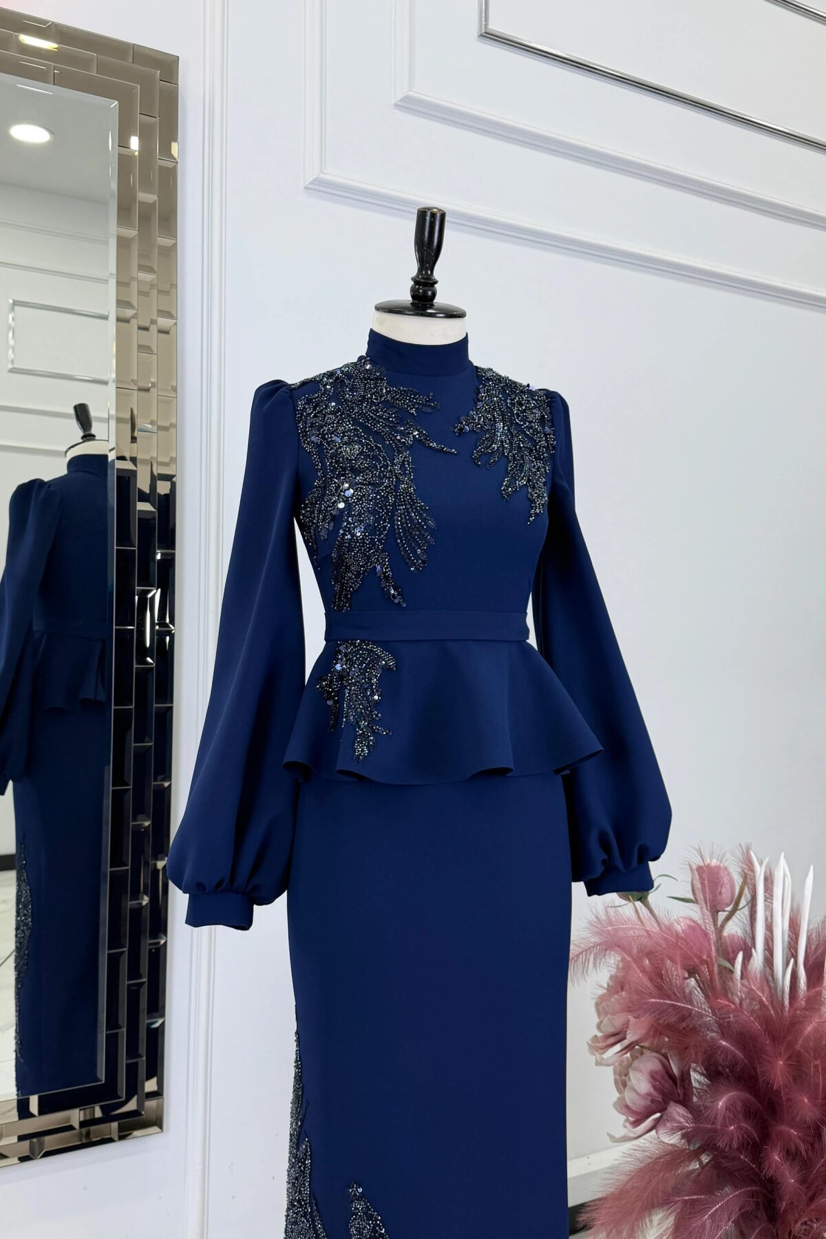 Lacivert Beli Peplum Taş İşlemeli Abiye Elbise - MK Moda Tasarım
