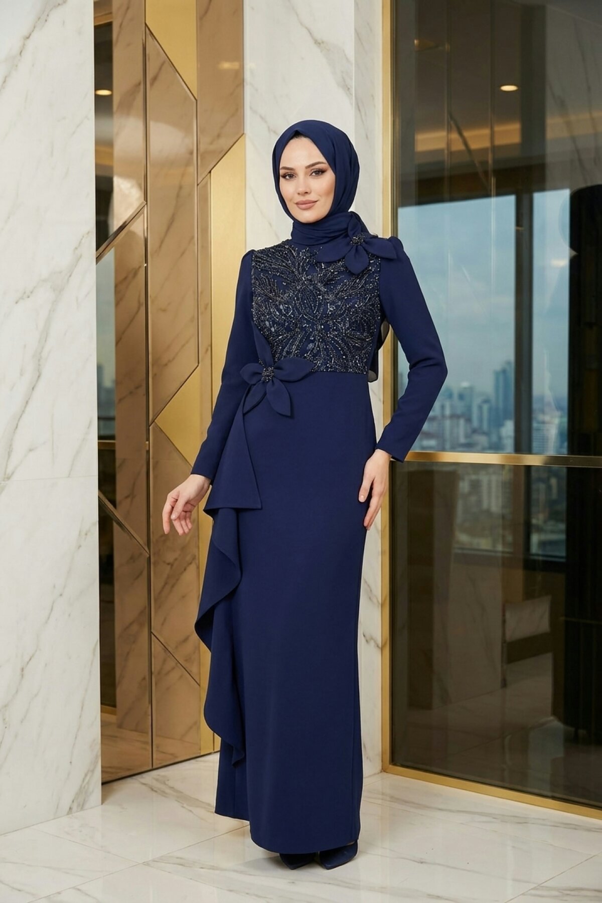 Bead-Embroidered Floral-Detail Evening Dress - Navy Blue - MK Moda Tasarım