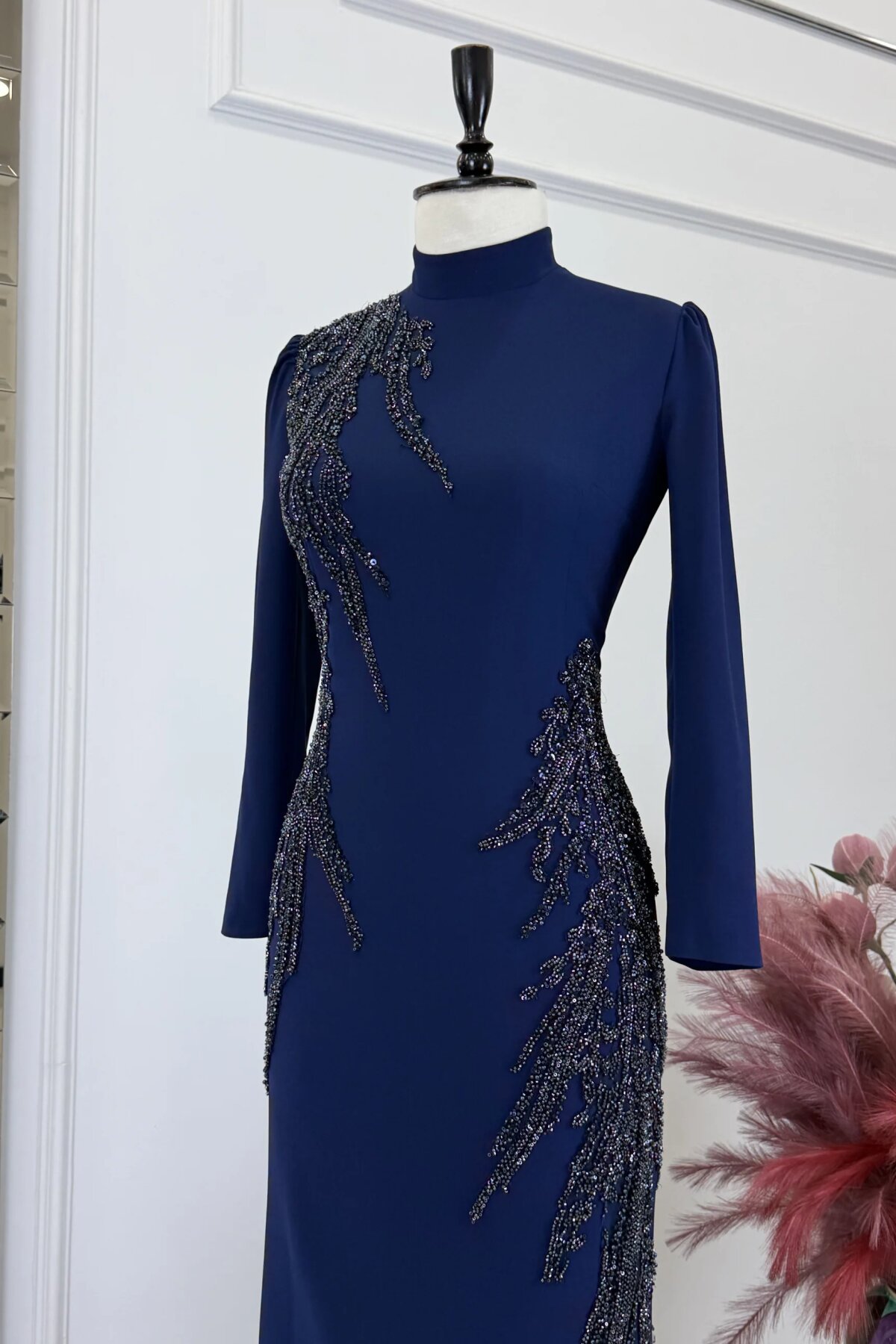 Long-Sleeve Mock-Neck Stone-Embellished Evening Dress - Navy Blue - MK Moda Tasarım