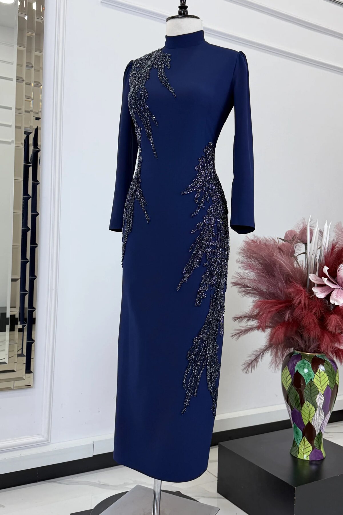 Long-Sleeve Mock-Neck Stone-Embellished Evening Dress - Navy Blue - MK Moda Tasarım
