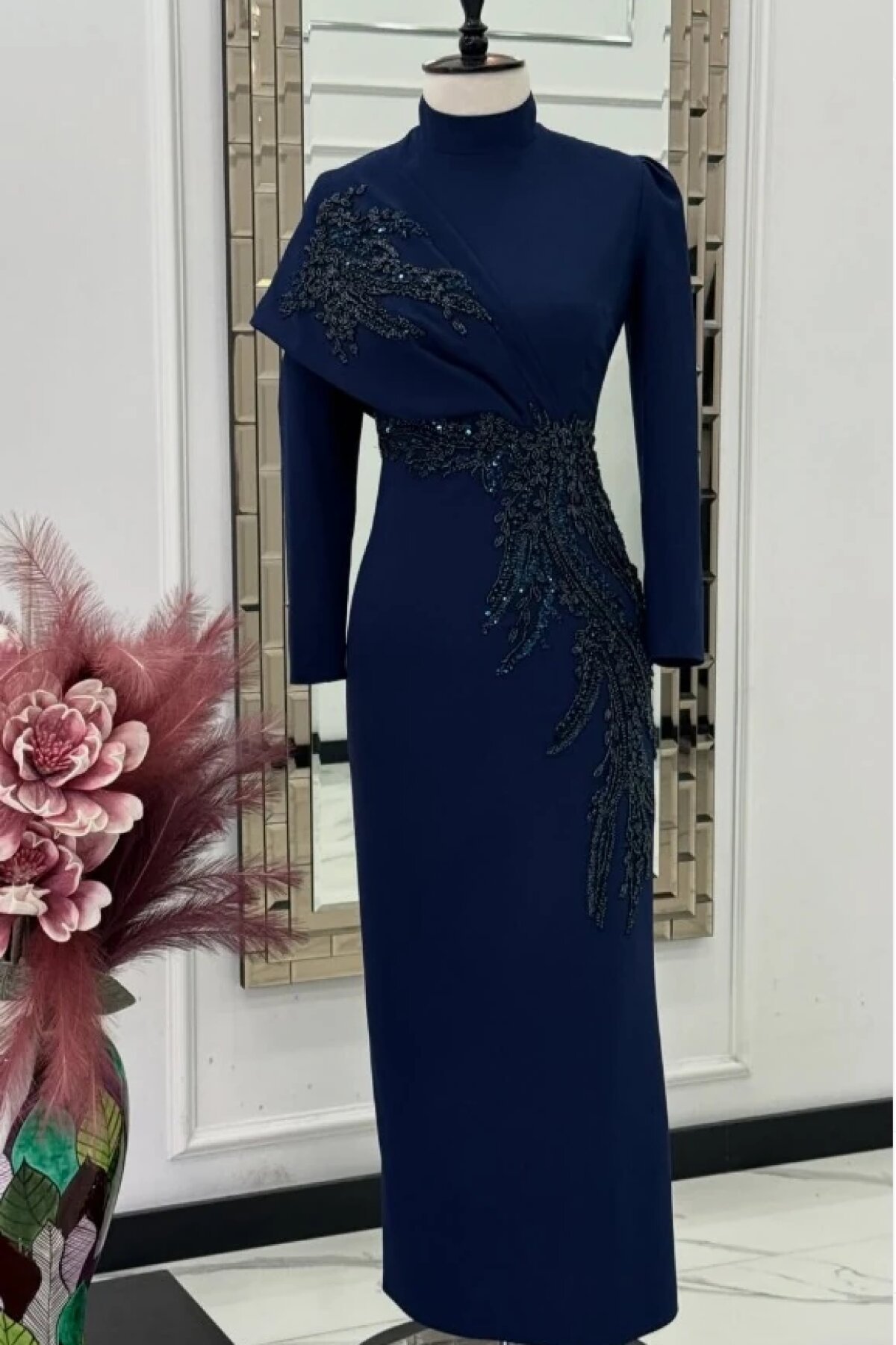Long-Sleeve Draped Embroidered Stand-Collar Evening Dress - Navy Blue - MK Moda Tasarım