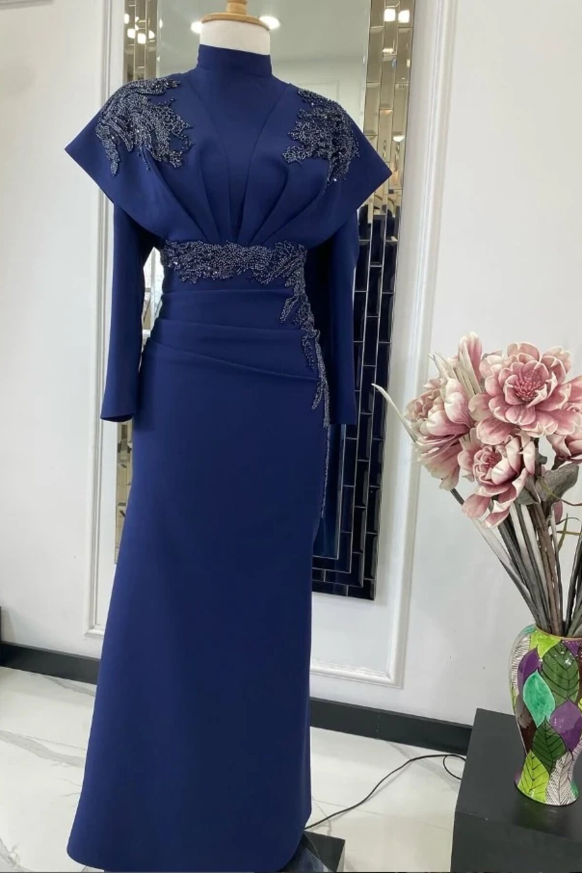 فستان سهرة كحلي مزين بالأحجار - MK Moda Tasarım