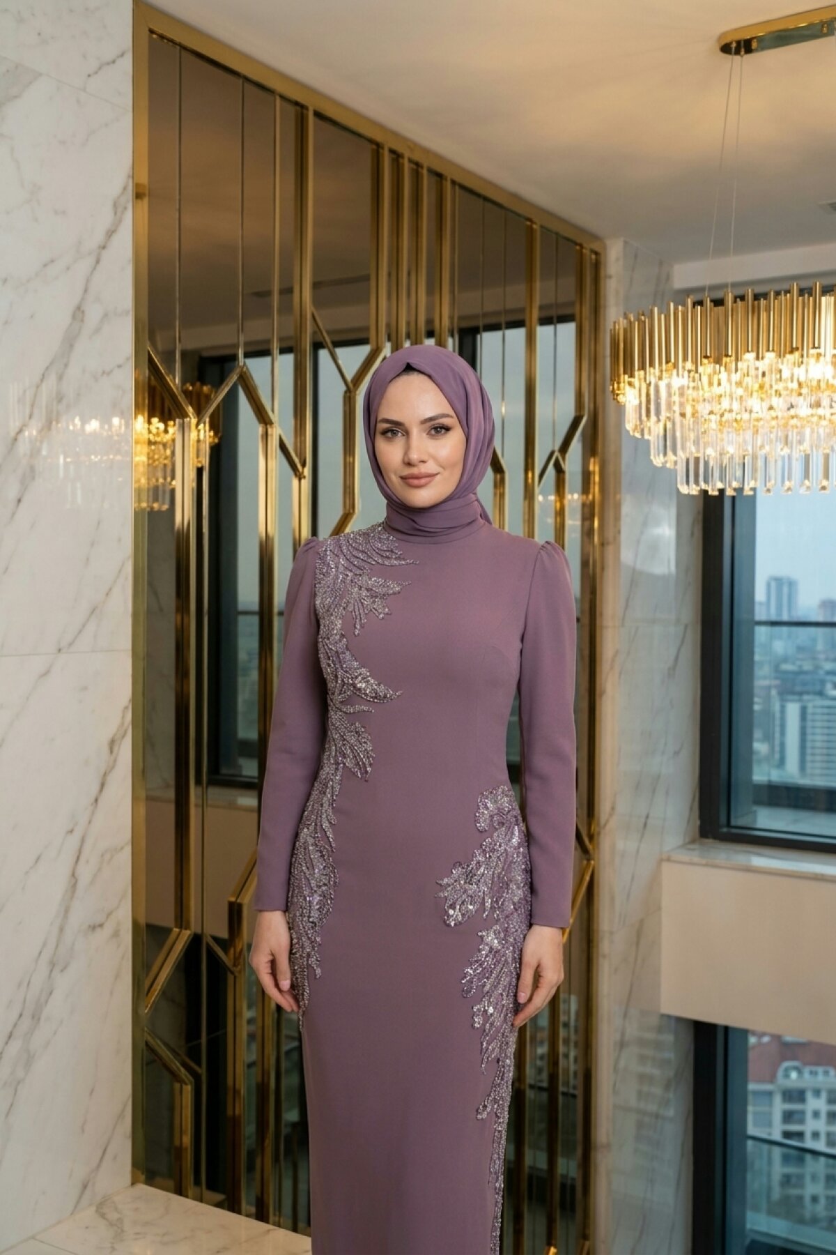 فستان سهرة محتشم طويل ليلكي بياقة عالية وتطريز أحجار - MK Moda Tasarım