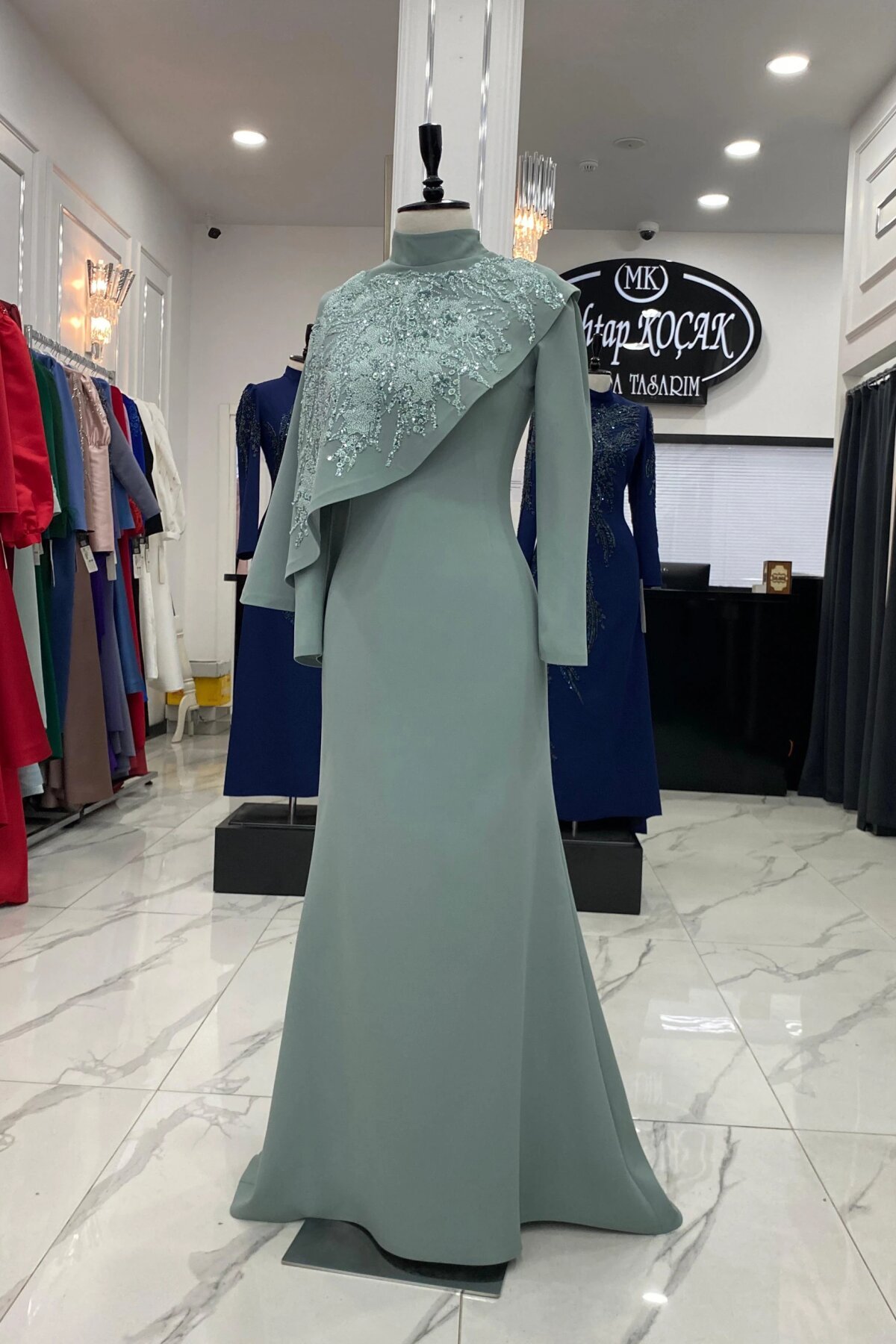 Caped Stonework Embellished Modest Evening Dress - Mint Green - MK Moda Tasarım