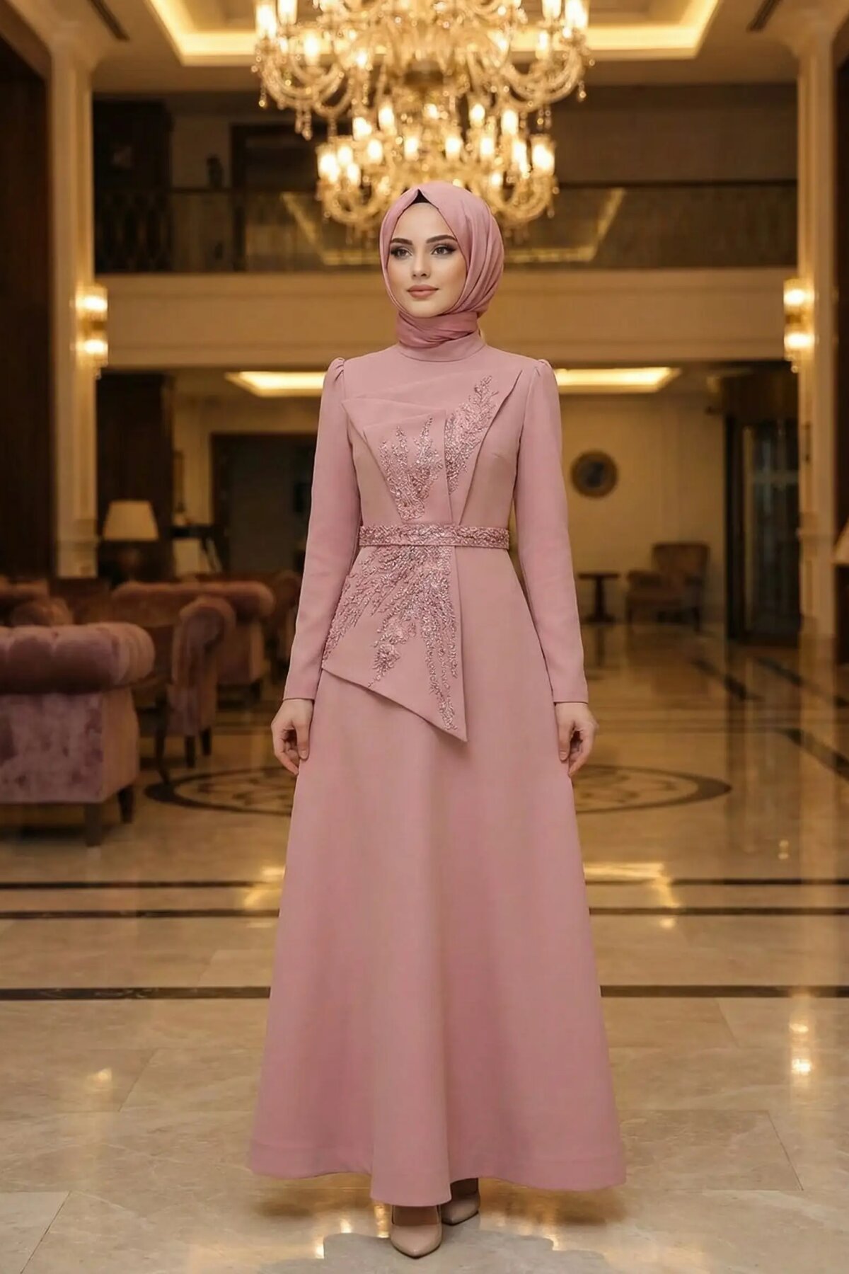 Pudra Pembe MK333 Abiye Elbise - MK Moda Tasarım