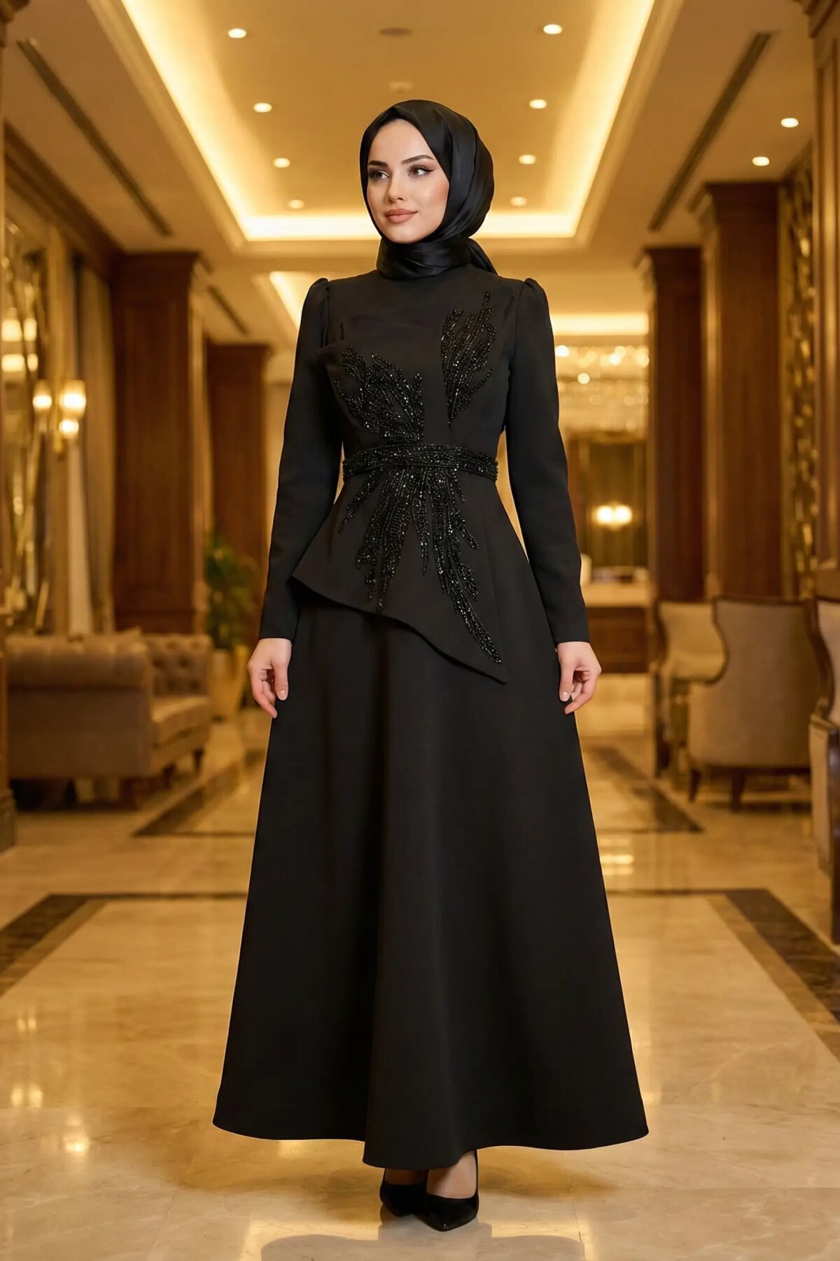 Siyah Asimetrik Taş İşleme Detaylı Abiye Elbise - MK Moda Tasarım