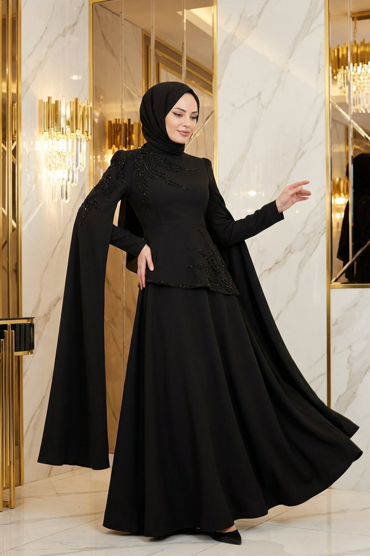 Siyah Dik Yaka Taş İşlemeli Pelerin Kol Abiye Elbise - MK Moda Tasarım