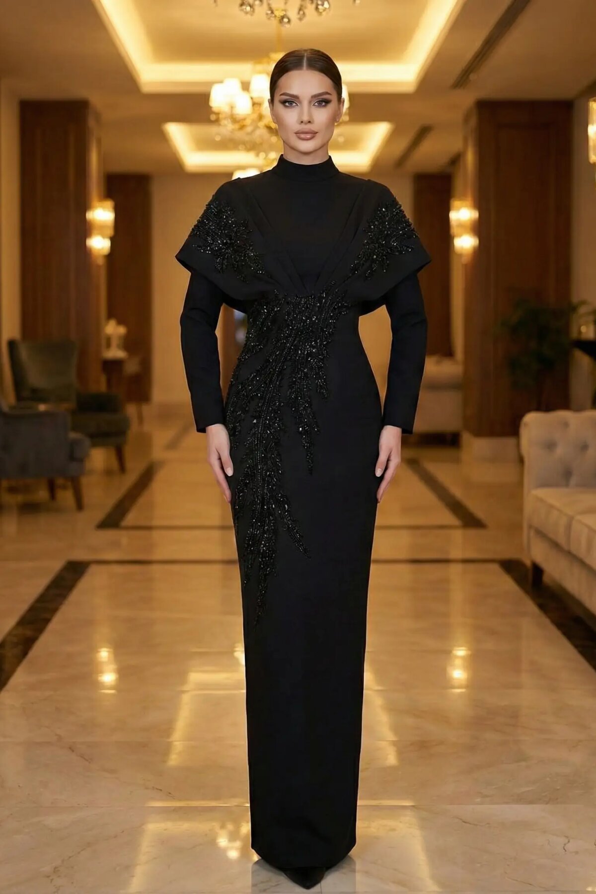 Siyah Dik Yaka Taş İşlemeli Pelerinli Abiye Elbise - MK Moda Tasarım