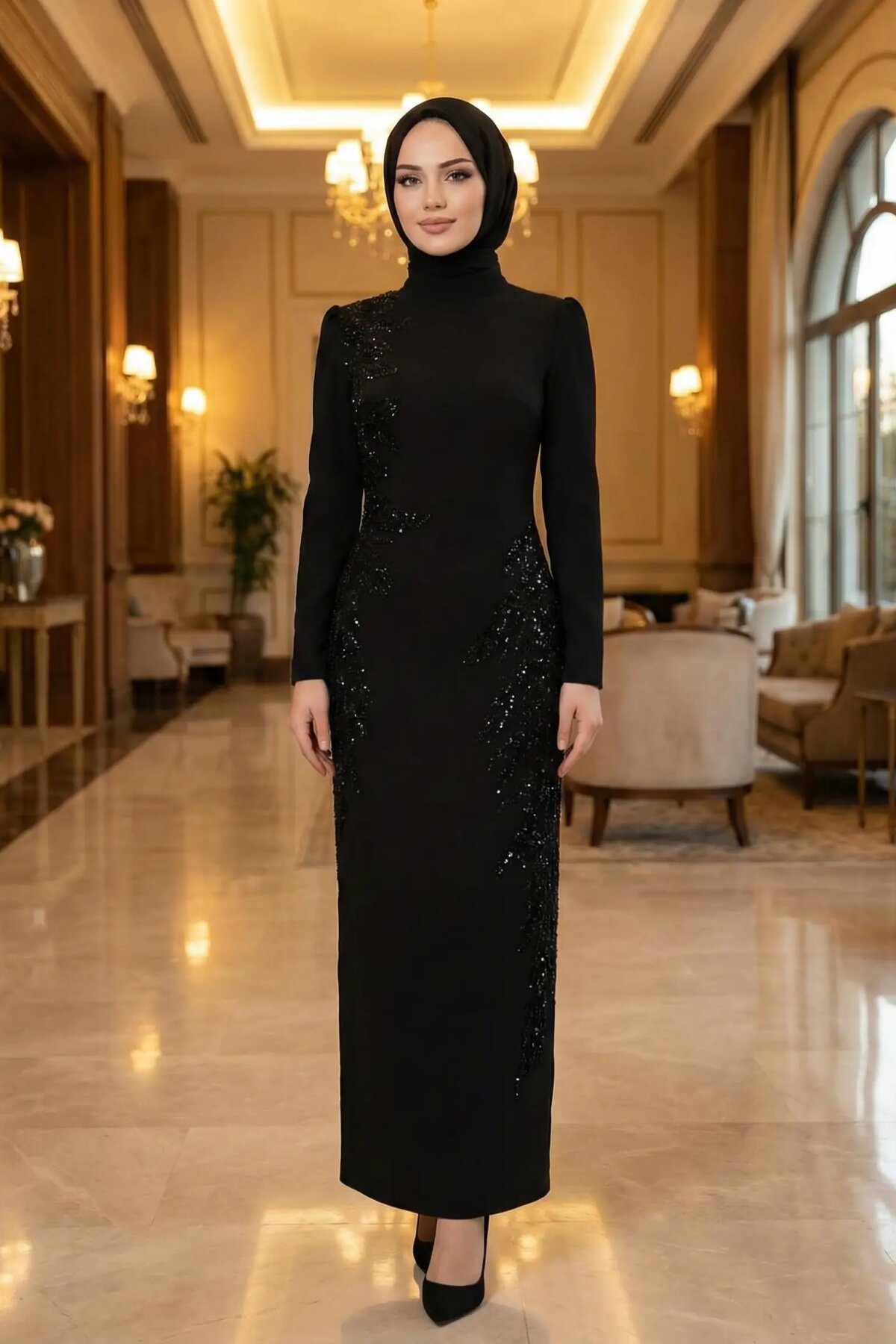 Siyah Payet İşlemeli Dik Yaka Abiye Elbise - MK Moda Tasarım