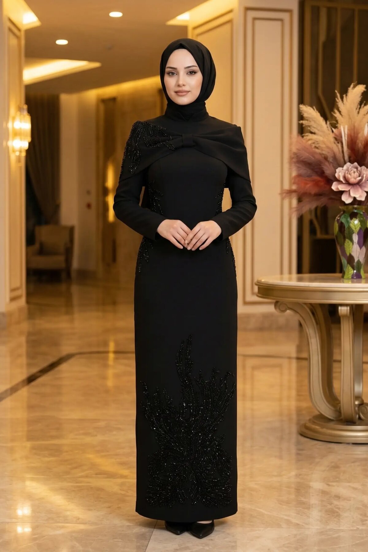 Siyah Taş İşlemeli Tesettür Abiye Elbise - MK Moda Tasarım