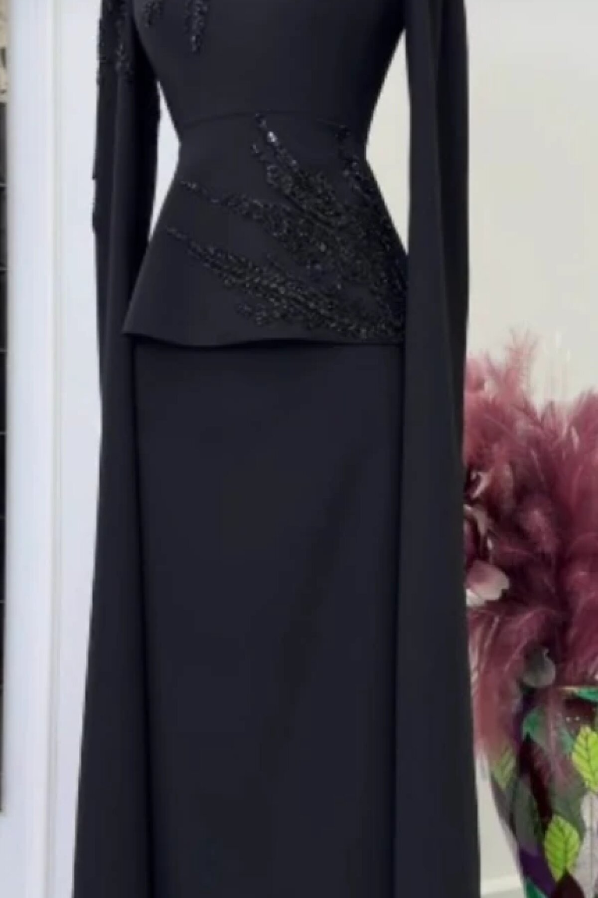 Long Cape-Sleeve Stone-Embroidered Peplum Evening Dress - Black - MK Moda Tasarım