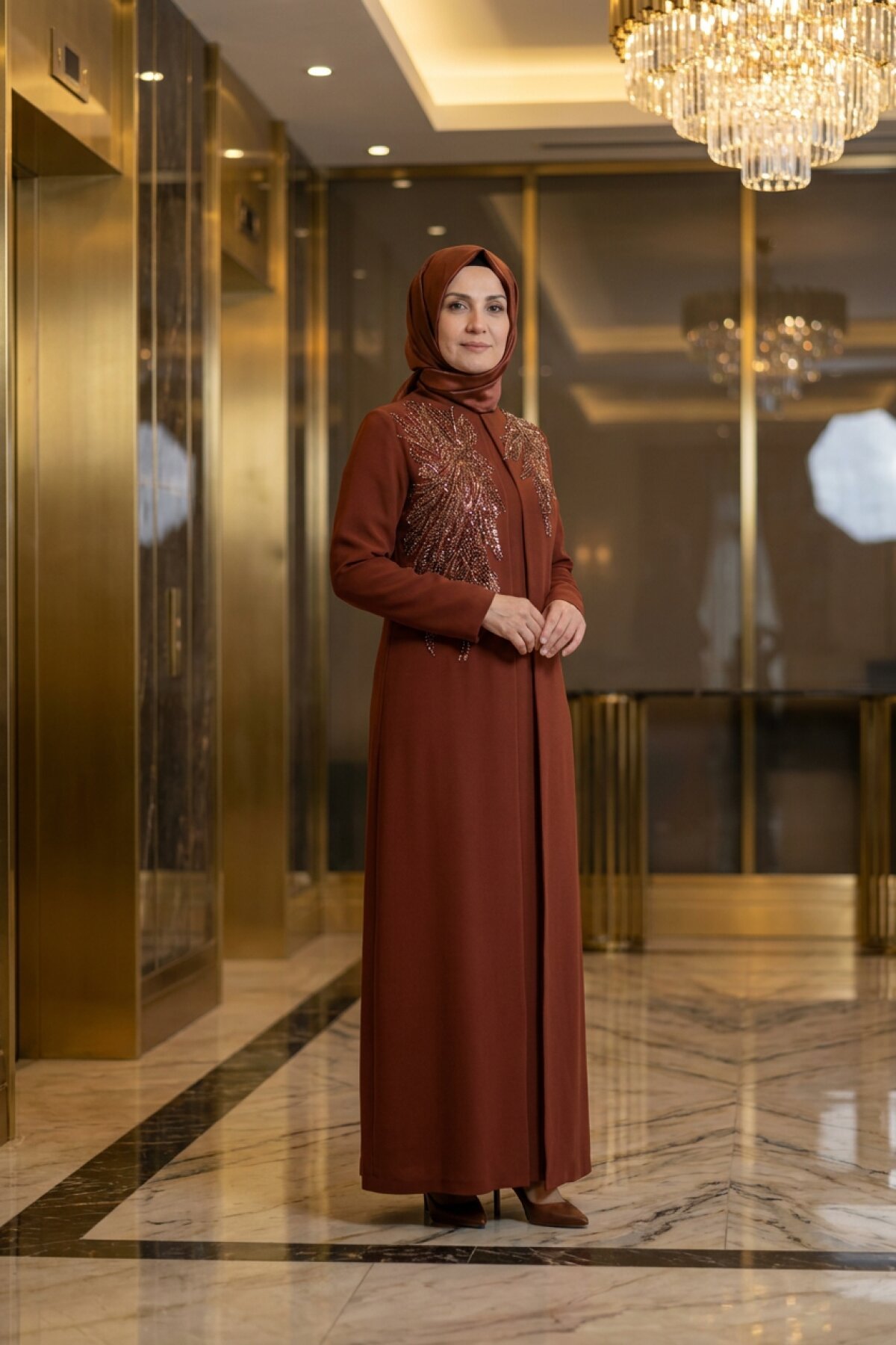 فستان سهرة محتشم لون قرفة بتطريز أحجار لامعة - MK Moda Tasarım