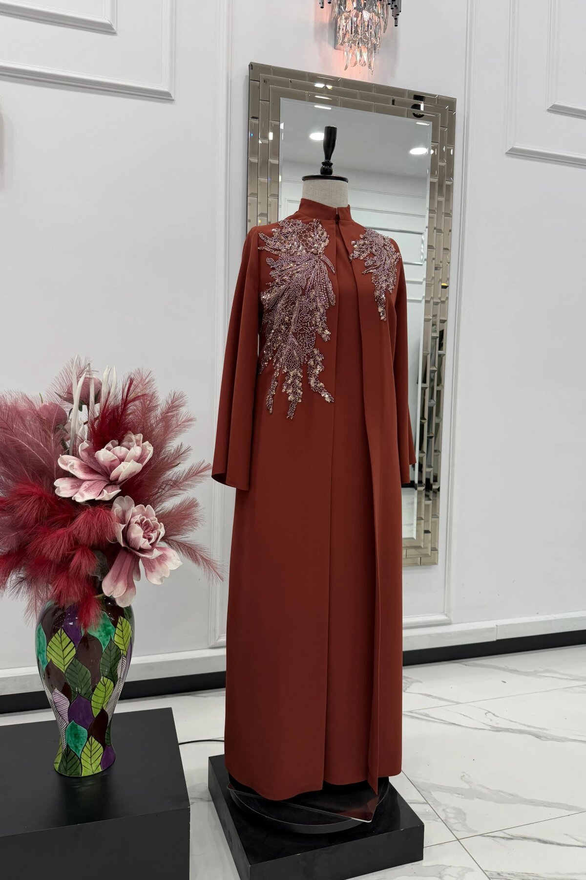 فستان سهرة محتشم لون قرفة بتطريز أحجار لامعة - MK Moda Tasarım