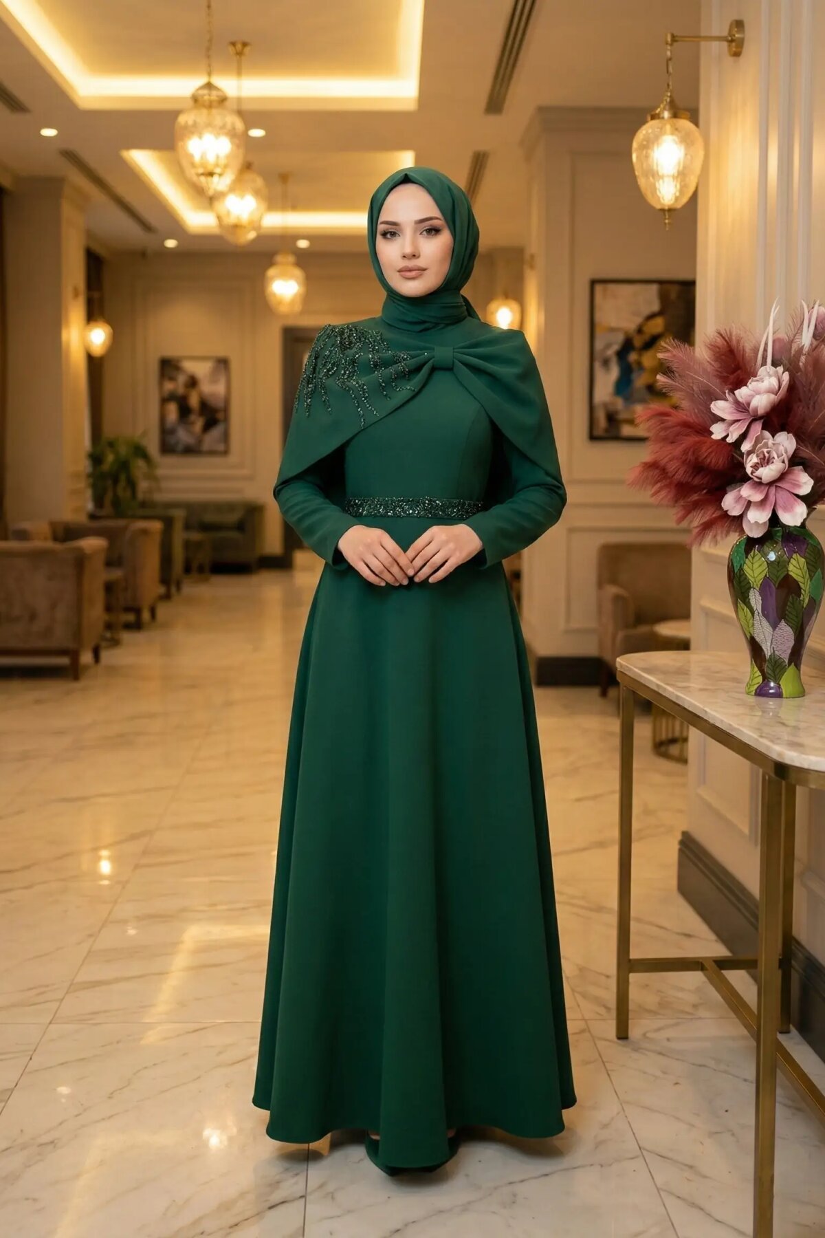 Cape-Detail Stone-Embroidered Modest Evening Dress - Emerald Green - MK Moda Tasarım