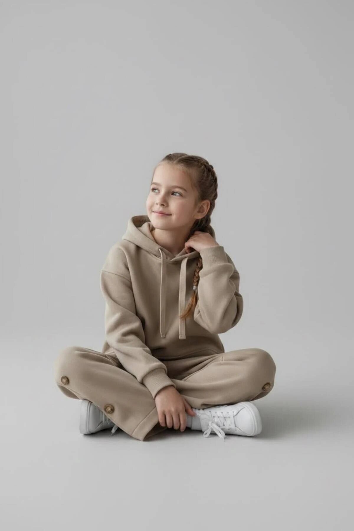 Bej Kapüşonlu Yandan Düğmeli Kız Çocuk Eşofman Takımı - Pafim Kids