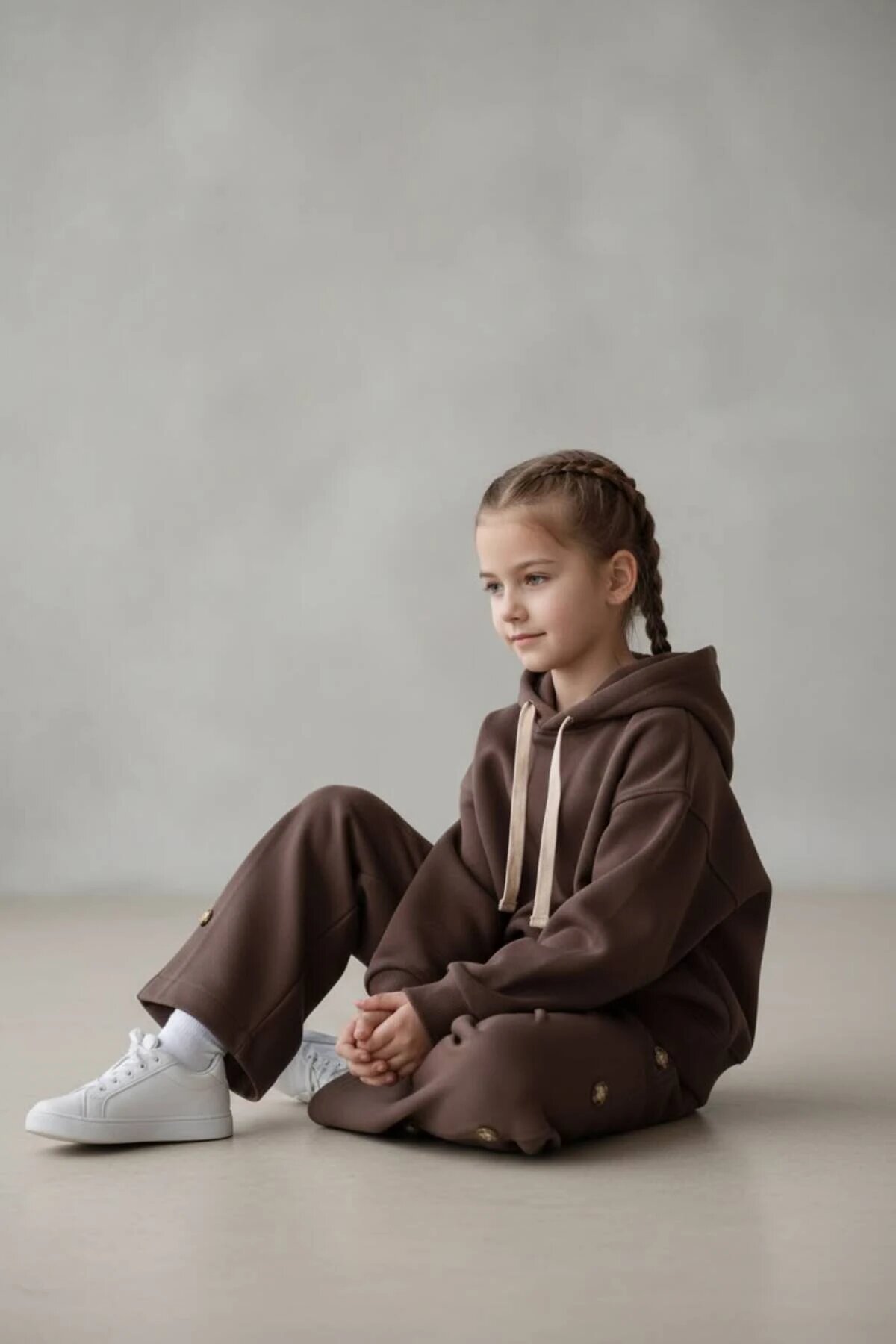 Kahve Kapüşonlu Yandan Düğmeli Kız Çocuk Eşofman Takımı - Pafim Kids