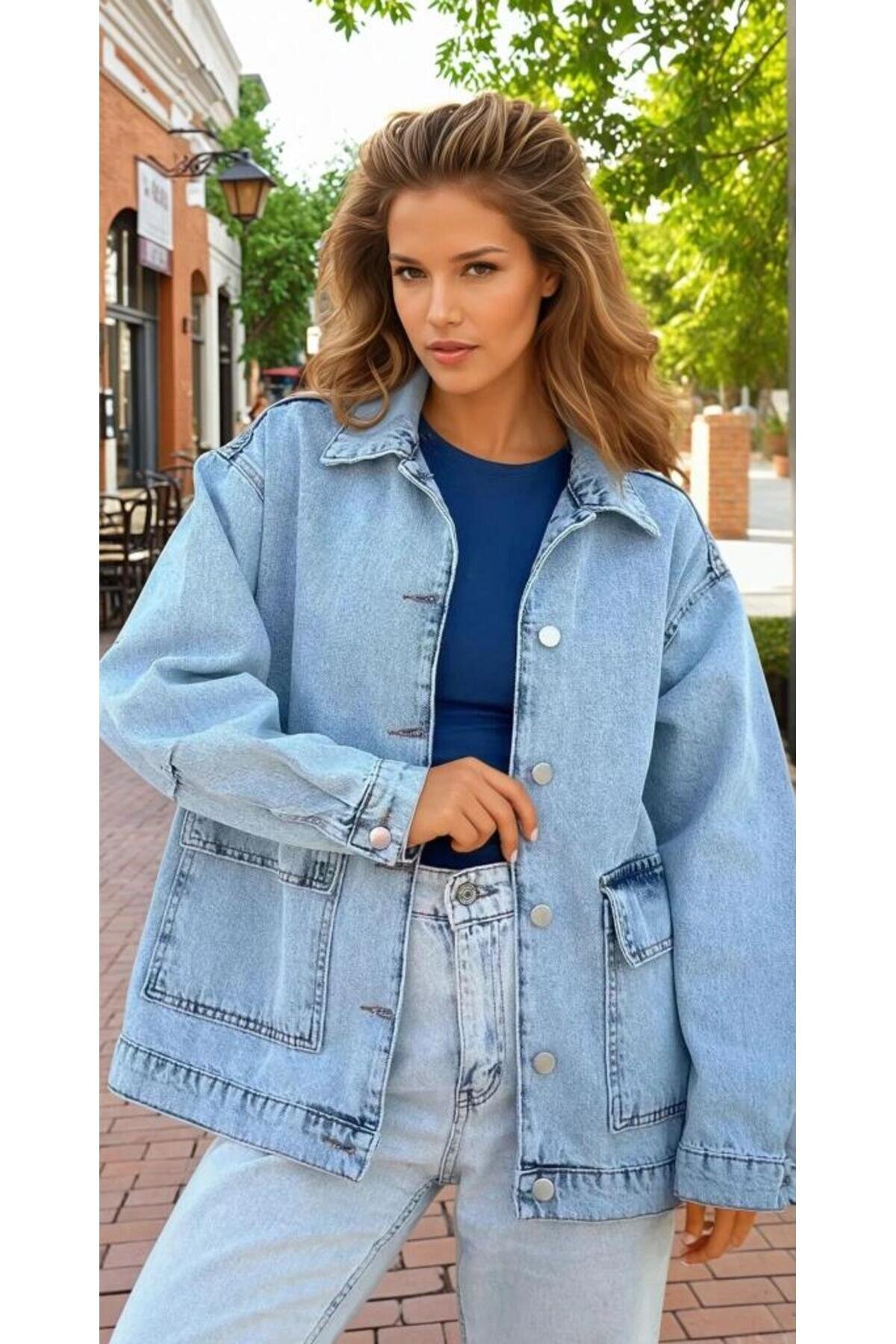 Buz Mavi Oversize Kot Ceket - Pasaklı Giyim