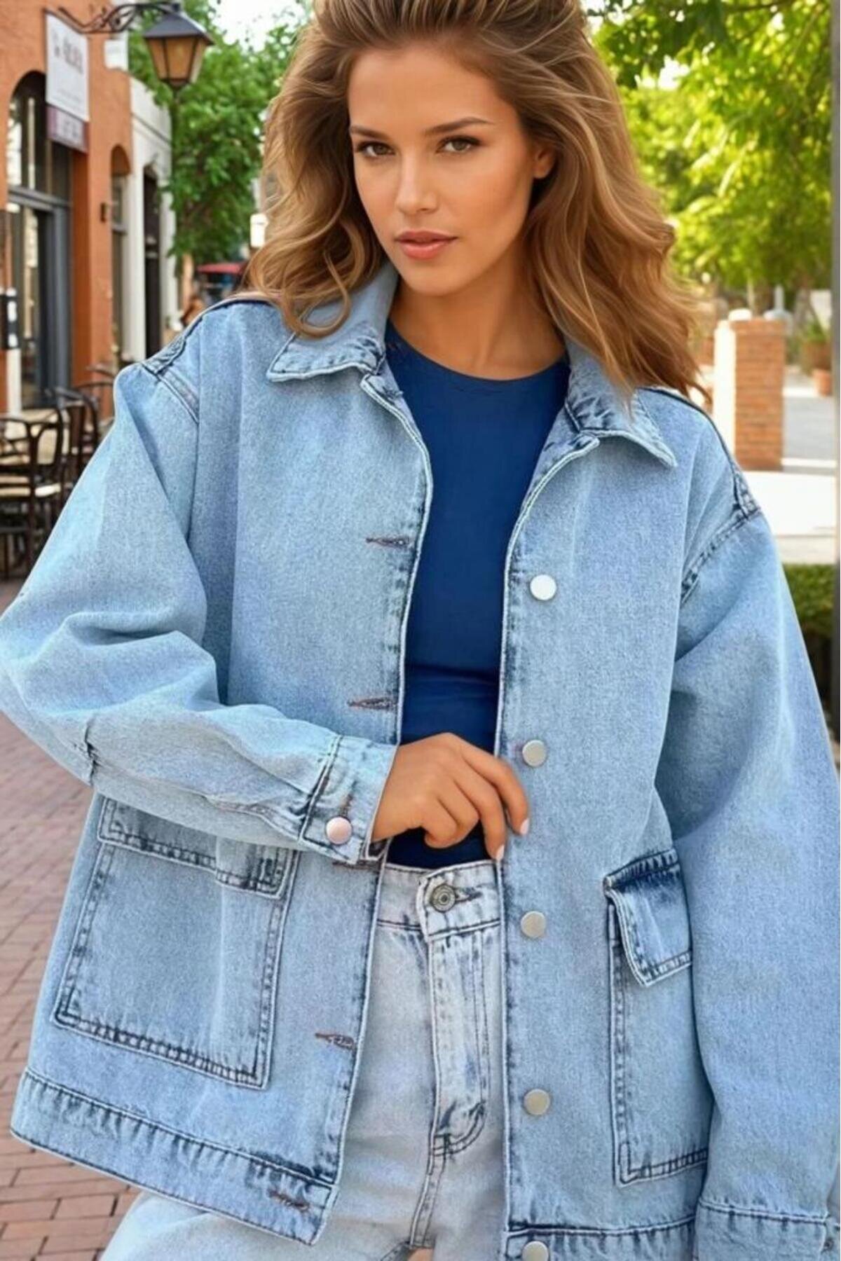 Buz Mavi Oversize Kot Ceket - Pasaklı Giyim