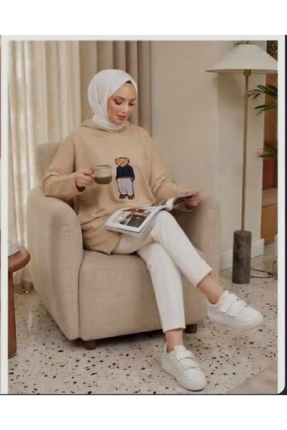 Bej Ayıcık Desenli Kapüşonlu Tunik - Shirosa