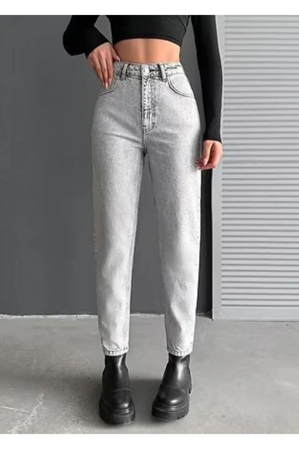Gri Denim Boyfriend Mom Pantolon - Shirosa