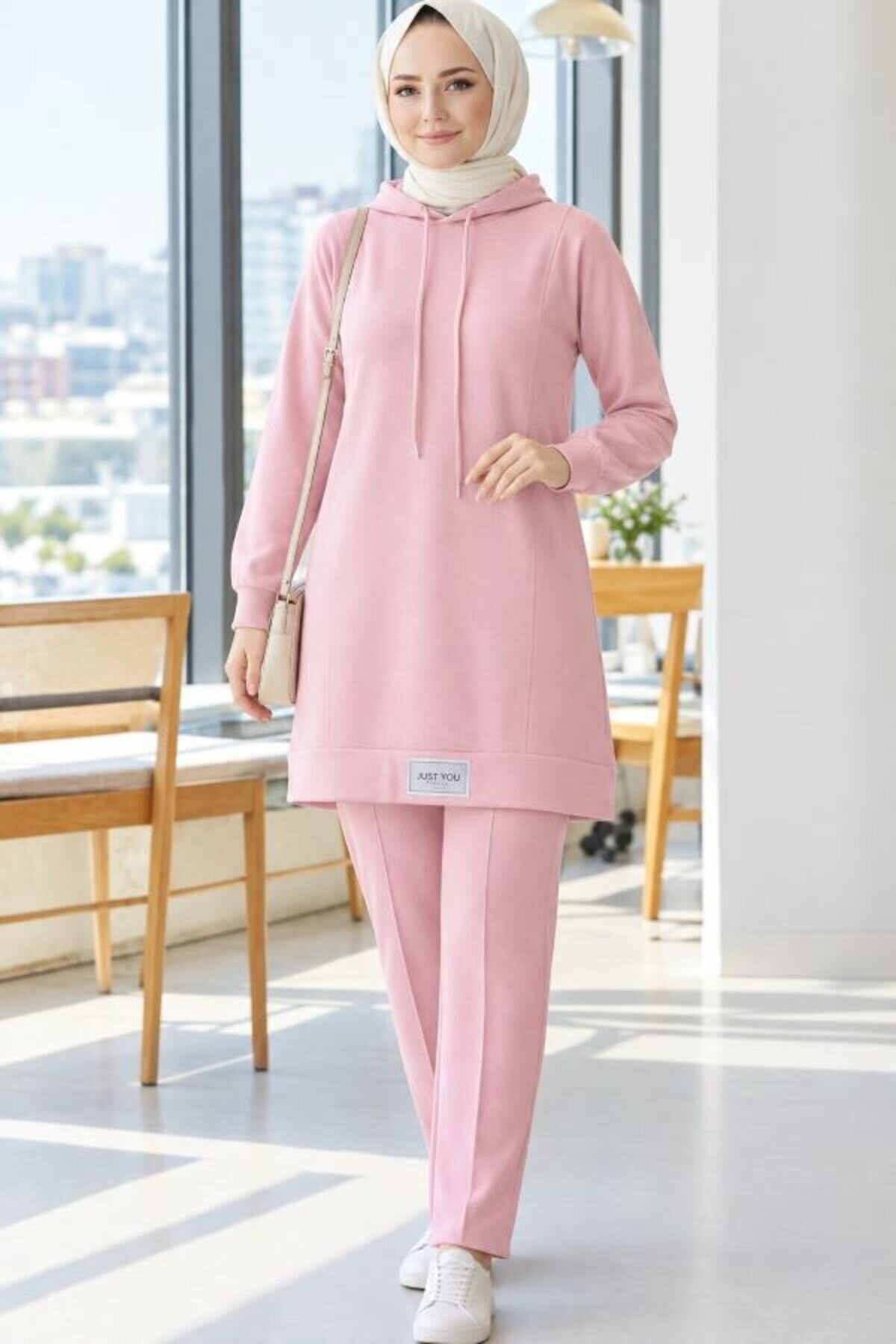 Hooded Pocket-Detail Modest Set - Pink - Shirosa