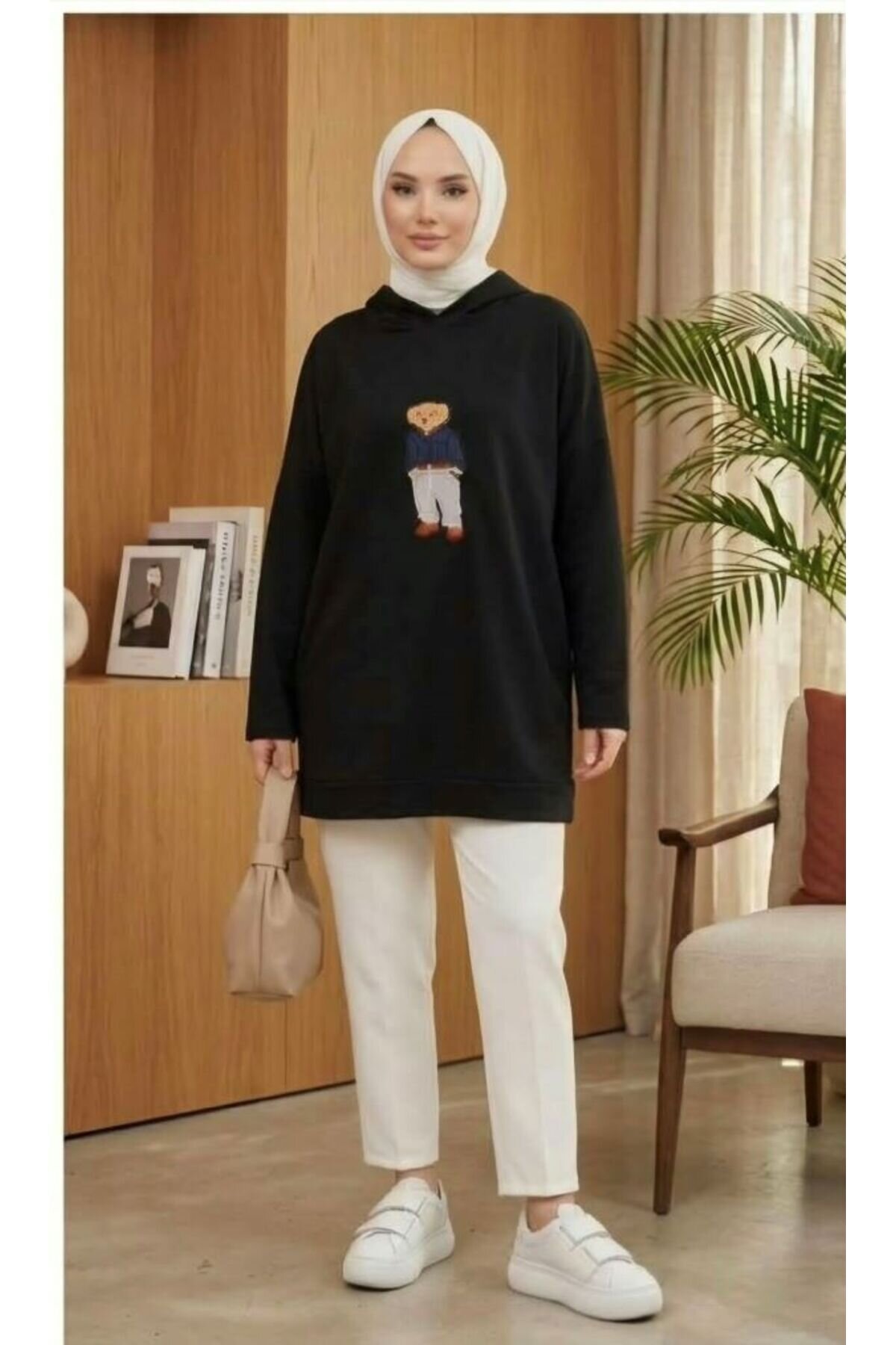 Siyah Ayıcık Desenli Kapüşonlu Tunik - Shirosa