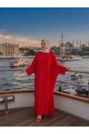 Kırmızı Omuzdan Aşağı Aksesuar Detaylı Elbise Ferace