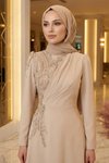Bej Drape ve Taş İşleme Detaylı Tesettür Abiye Elbise