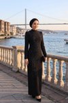 Siyah Uzun Taş ve Payet İşlemeli Abiye Elbise