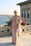 Stand Collar Stone Embroidered Long Sleeve Modest Evening Dress - Beige
