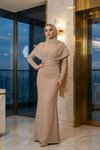 Stone Embroidered Cape Detail Evening Dress - Beige