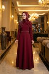 Bordo Taş İşlemeli Pelerinli Abiye Elbise