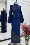 Lacivert Beli Peplum Taş İşlemeli Abiye Elbise