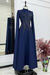 Lacivert Taş İşlemeli Pelerin Kollu Abiye Elbise