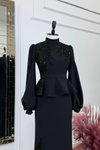 Siyah Peplum Payet İşlemeli Abiye Elbise