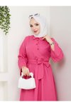 Pembe Asimetrik Kapama Fiyonk Detaylı Elbise