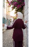 Bordo Krem Beli Bağcıklı Manşetli Şerit Detaylı Eşofman Takımı