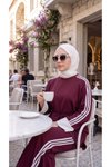 Bordo Krem Beli Bağcıklı Manşetli Şerit Detaylı Eşofman Takımı