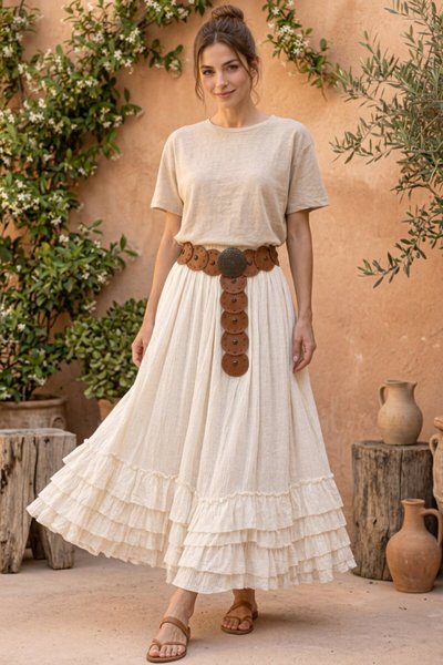 Ekru Bohem Gypsy Pamuklu Etek - EREN STYLE
