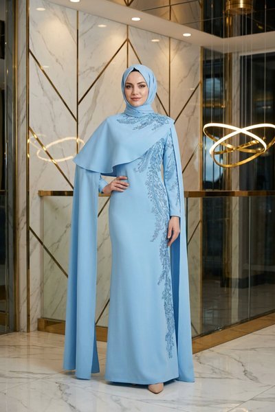 Embroidered Cape-Detail Modest Evening Dress - Ice Blue