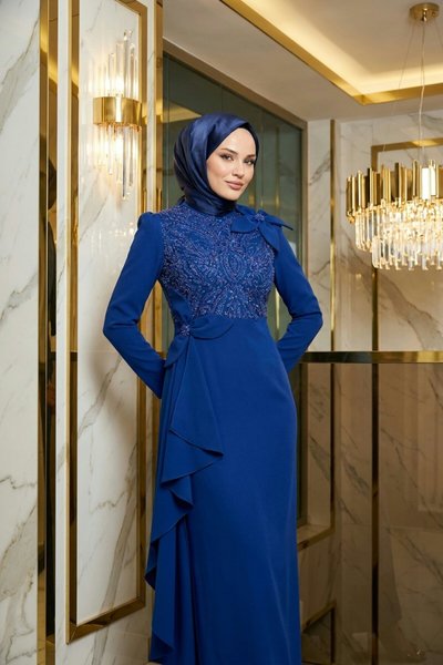 Stone-Embroidered Bow-Detail Evening Dress - Night Blue