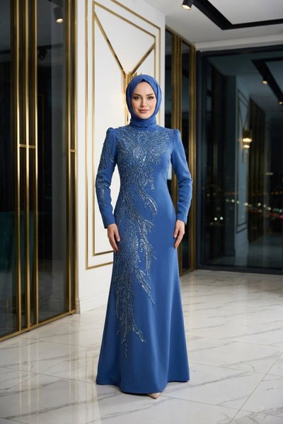 Stone-Embroidered Sequin Modest Evening Dress - Indigo