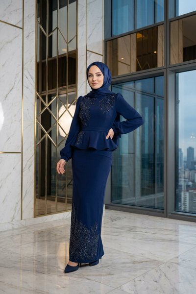 Lacivert Beli Peplum Taş İşlemeli Abiye Elbise