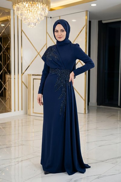 Long-Sleeve Draped Embroidered Stand-Collar Evening Dress - Navy Blue