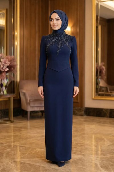 فستان سهرة محتشم كحلي بتطريز أحجار