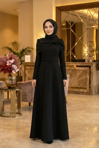 Stone-Embroidered Cape-Detail Evening Dress - Black